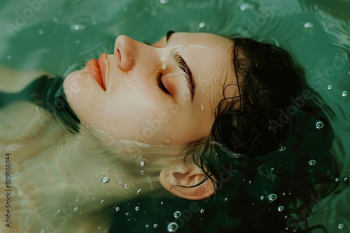 portrait illustration of a young beautiful girl  submerged in the water relaxing , summertime evocative mood © aledesun