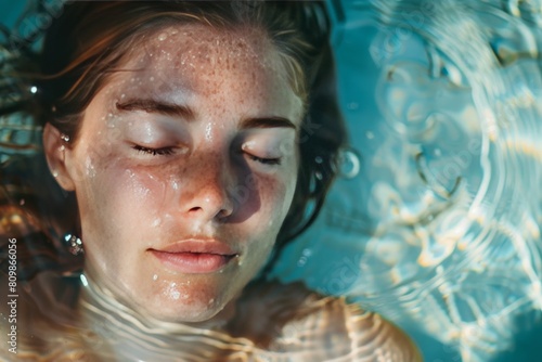 portrait illustration of a young beautiful girl  submerged in the water relaxing , summertime evocative mood © aledesun