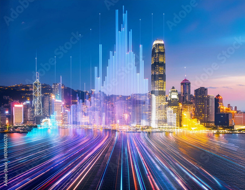  abstract business background with high rise glass buildings at night. defocus  correction of light blue and dark blue colors business and finance