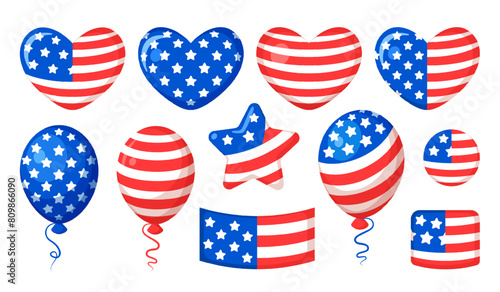 USA stickers for Independence day. Collection of design elements with American patriotic flag, star, hearts and balloons. USA celebration. Vector set of stickers in cartoon style.