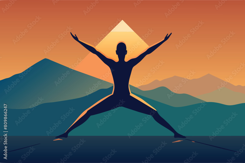 Silhouette of a person practicing yoga with a sunrise and mountains in the background