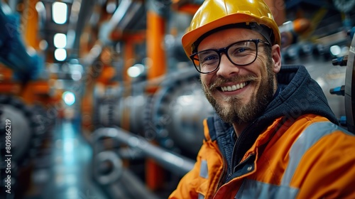 Smiling Male Engineer Wearing Hard Hat in Industrial Factory
