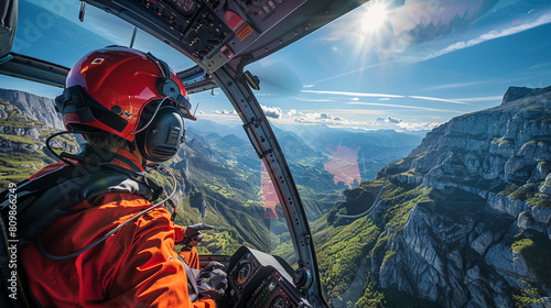 Nurse piloting a rescue helicopter, high above mountainous terrain, wide angle, clear sunny day