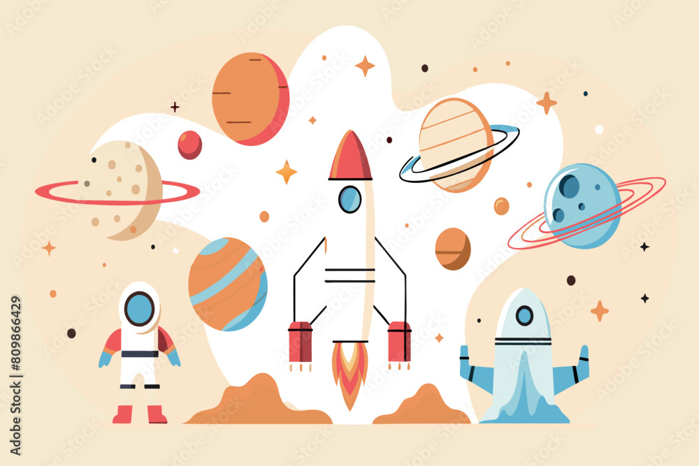 Cartoon astronaut and rockets amid a playful rendition of planets Cartoon astronaut and rockets amid a playful rendition of planets