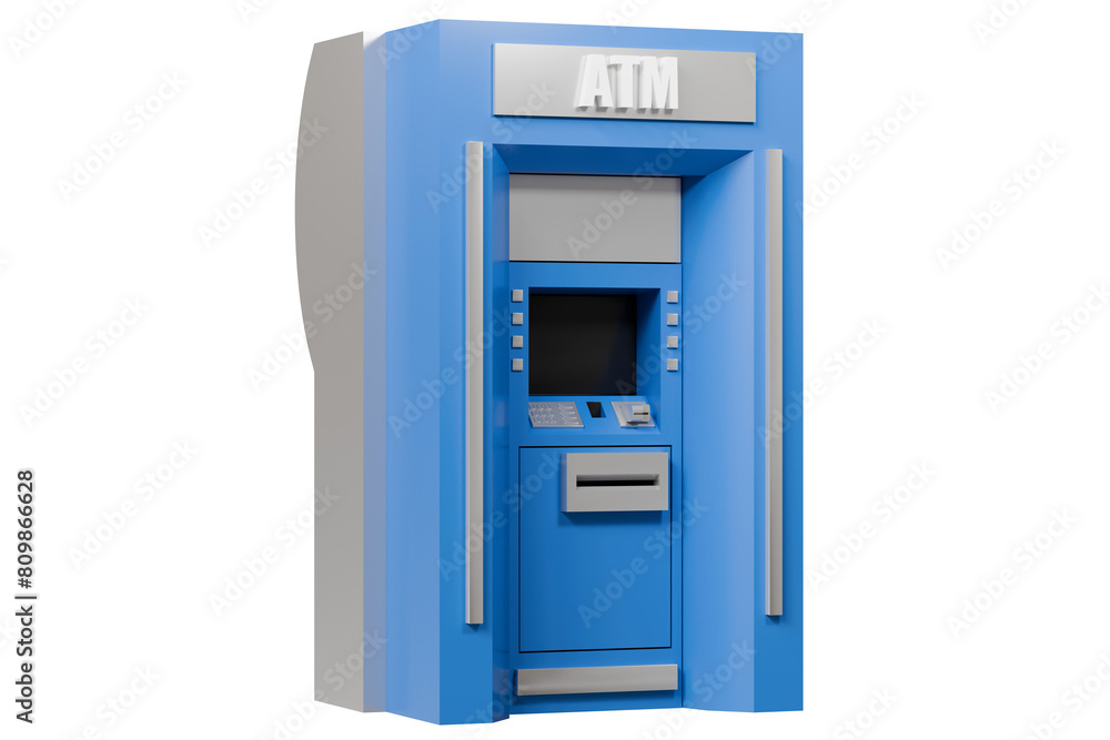 3D Blue ATM automatic deposit finance machine icon isolated on blue background. Money transfer account online concept, E-business finance money payment service concept. Minimal ATM icon.3d render. 3D Blue ATM automatic deposit finance machine icon isolated on blue background. Money transfer account online concept, E-business finance money payment service concept. Minimal ATM icon.3d render.