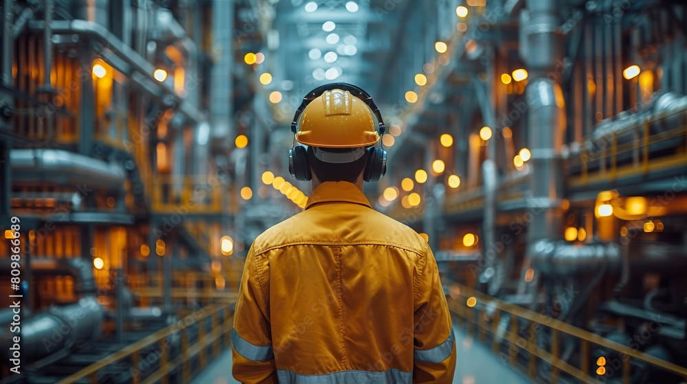Industrial Worker Overlooking Factory Interior Illuminated at Night Industrial Worker Overlooking Factory Interior Illuminated at Night