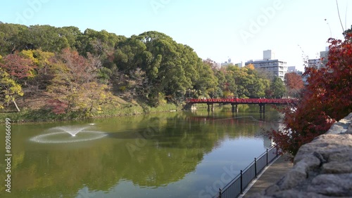 Tennoji Park pond and autumn trees in Osaka, Japan photo