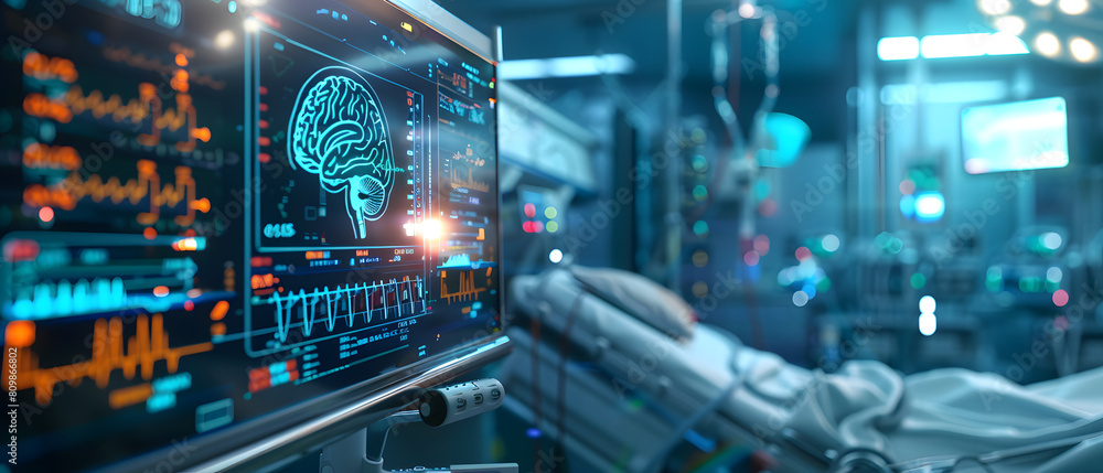 A neuroscientist carefully studies complex brain activity data on a high-tech digital screen in a research facility