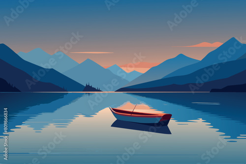 A red canoe floats peacefully on a still lake at sunset  with mountain silhouettes