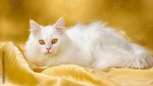 This image shows a long-haired white cat with bright golden eyes, lying on a soft yellow fabric. The background complements the cat's fur, creating a warm and cozy atmosphere.