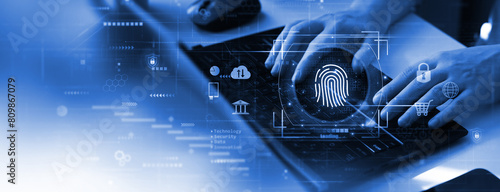 Biometrics security, E-kyc, innovation technology concept.	Using fingerprint indentification to personal data access.  photo