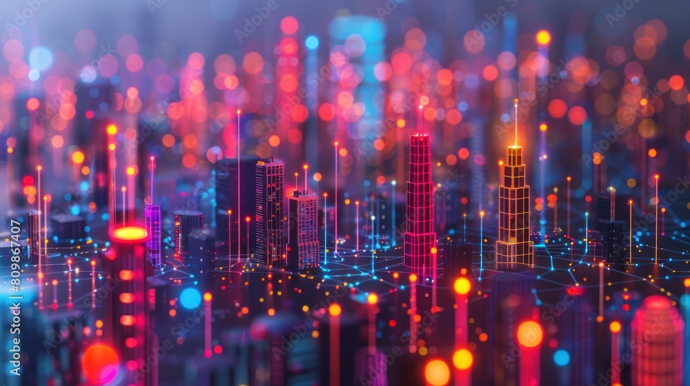 Smart city connected with colorful gradient lines big data connection technology concept