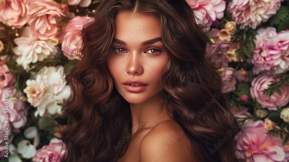 A beautiful brunette model with long, shiny, wavy hair poses against a wall of flowers. Her curly hairstyle frames her face perfectly.