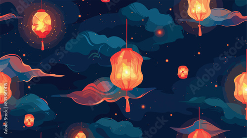 Seamless pattern with Chinese lanterns flying in night