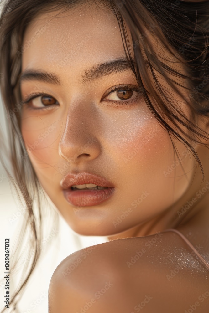 Naklejka premium Close-up beauty portrait of asian woman with subtle makeup and wet hair strands
