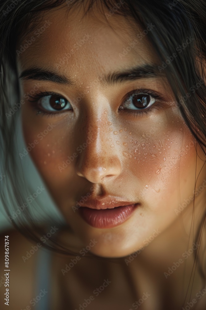 Close-up beauty portrait of asian woman with subtle makeup and wet hair strands Close-up beauty portrait of asian woman with subtle makeup and wet hair strands