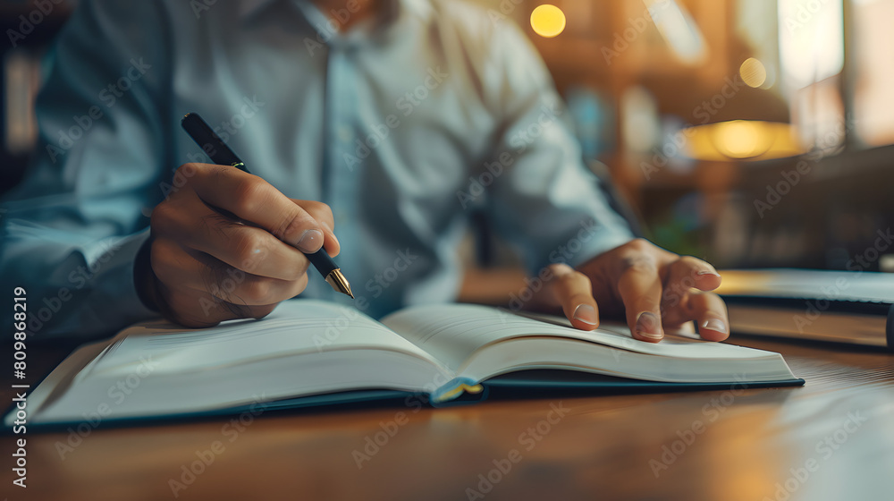 Detailed image of a male professional intently writing in an open notebook in a warm office setting Detailed image of a male professional intently writing in an open notebook in a warm office setting