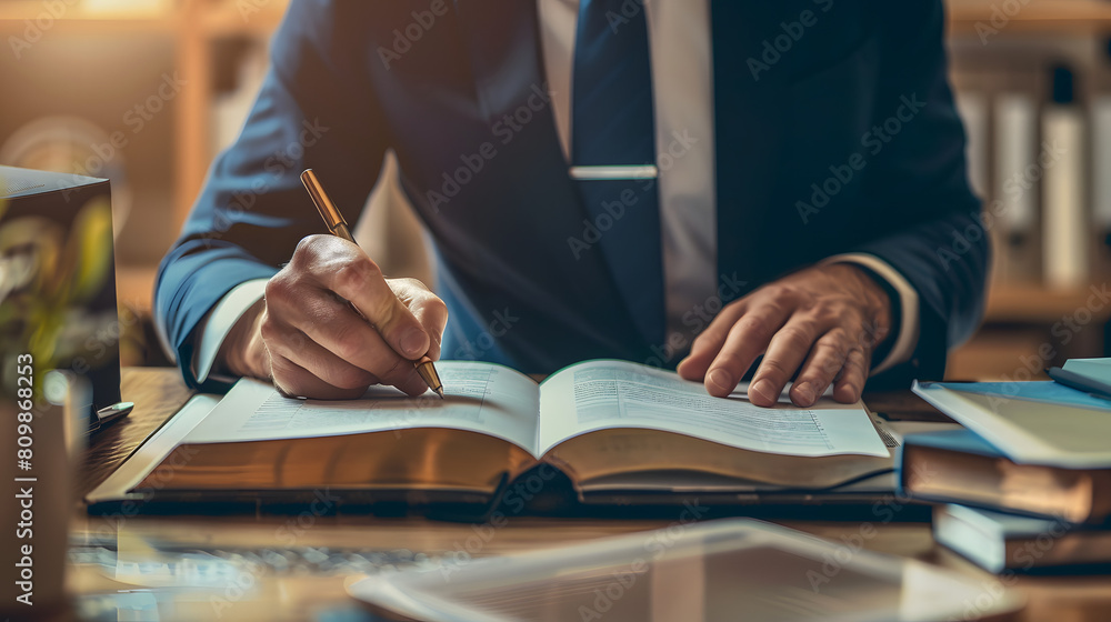 A focused professional writing in a notebook in an office setting, surrounded by technology and personal items A focused professional writing in a notebook in an office setting, surrounded by technology and personal items