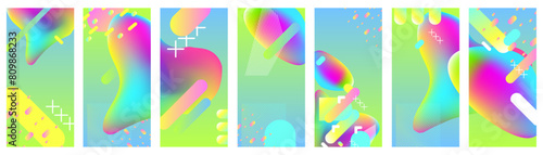 Big set surfaces coverings backgrounds New bright juicy summer abstract fluid creative banner, trendy bright neon colors with dynamic lines