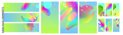 Big set surfaces coverings backgrounds New bright juicy summer abstract fluid creative banner, trendy bright neon colors with dynamic lines
