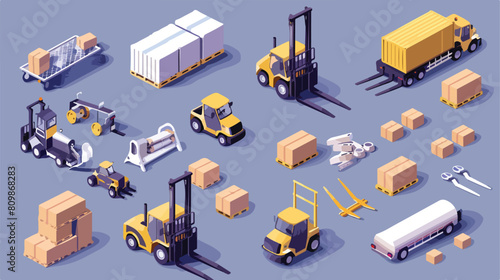 Isometric warehouse forklift. Fork pallet truck and h photo