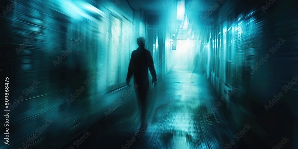 abstract background blur silhouette shadow of a man walking with bokeh light street at night time with speed motion perspective, blurred thrilled, Generative Ai