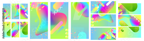Big set surfaces coverings backgrounds New bright juicy summer abstract fluid creative banner, trendy bright neon colors with dynamic lines