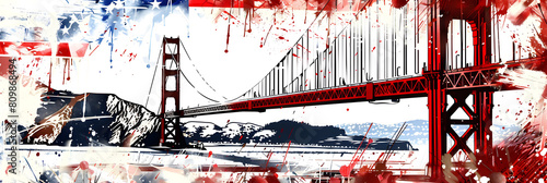 This artwork combines a striking grunge rendition of the US flag with the silhouette of a well-known suspension bridge, symbolizing American pride