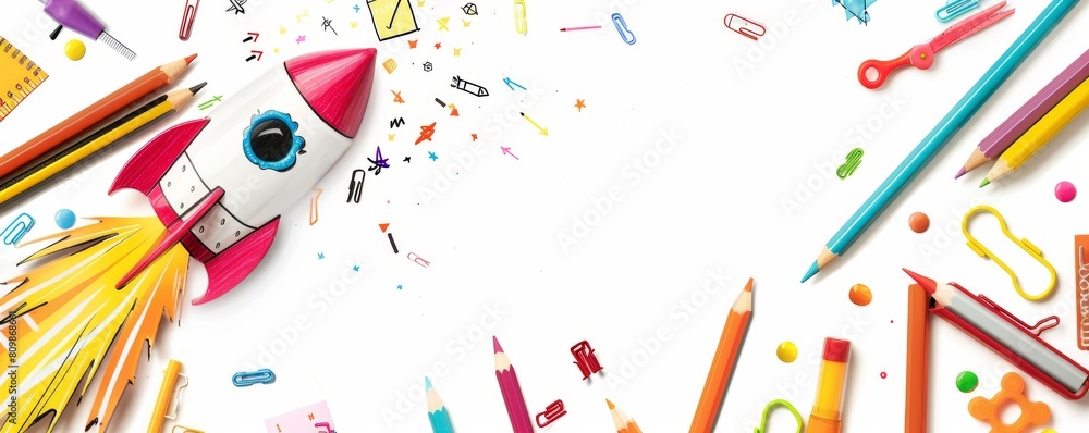 Creative back-to-school concept with a homemade rocket from school supplies Creative back-to-school concept with a homemade rocket from school supplies