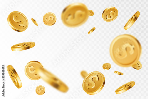 Golden coins explosion. Realistic flying gold coin splash, money rain with blurry motion effect. Treasure and earnings, saving and winning, jackpot casino 3D vector concept. Yellow dollar payment