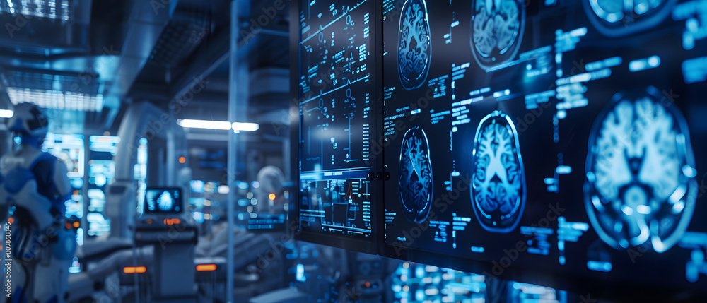 A high-tech laboratory with holographic brain scan displays and a futuristic feel, showcasing advanced medical technology A high-tech laboratory with holographic brain scan displays and a futuristic feel, showcasing advanced medical technology