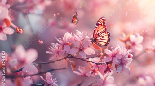 Macro Shot of Peaceful Spring Landscape with Pink Sakura Blossoms in Full Bloom and Fluttering Butterflies, Capturing the Serene and Delicate Beauty of Nature © Ian