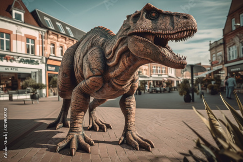 A giant dinosaur statue stands imposingly in the middle of a busy street  commanding attention from pedestrians and vehicles passing by