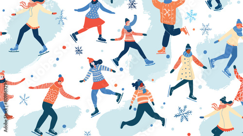 Ice rink seamless pattern. People skating on winter h