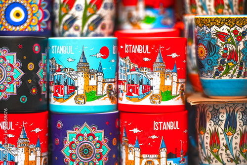 Handmade souvenirs mugs with attractions at street market of Istanbul in Turkey © Savvapanf Photo ©