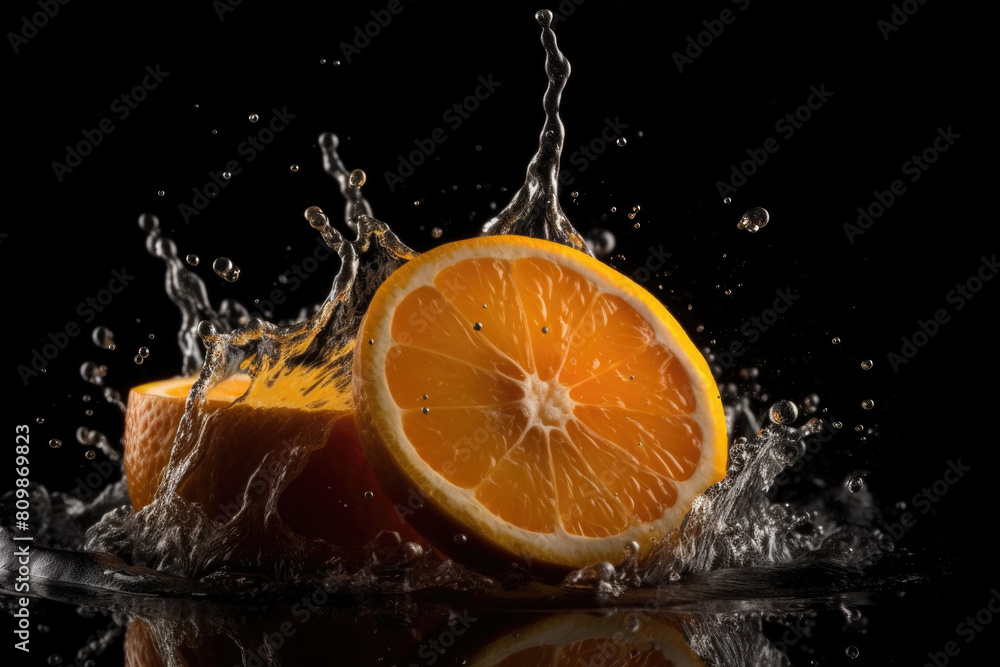 An orange fruit is seen being dropped into water, creating ripples and bubbles, against a dark black background An orange fruit is seen being dropped into water, creating ripples and bubbles, against a dark black background