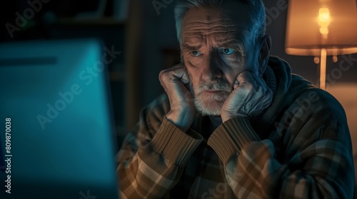 hyperrealistic man age 55 feeling like he just got punched in the stomach after realizing bad news while looking at the computer 