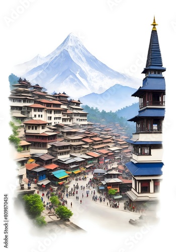 Nepal Country Landscape Watercolor Illustration Art