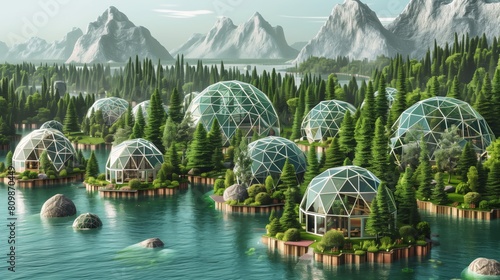 Architectural design drawings of a floating seasteading city. Large geodesic dome structures on floating hexagonal islands. Large fresh water lakes and lots of trees and plants growing. - photo