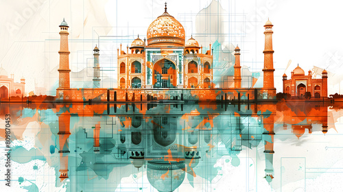 Digital art depiction of the Taj Mahal, infused with abstract design elements and overlayed blueprints photo