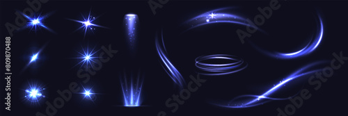 Light effects. Glowing stars and blur light wave trail, wavy glittering lines and spiral, sparkle lens flare ignition effect. Sunlight abstract isolated vector set. Bright rays of different shapes © Frogella.stock
