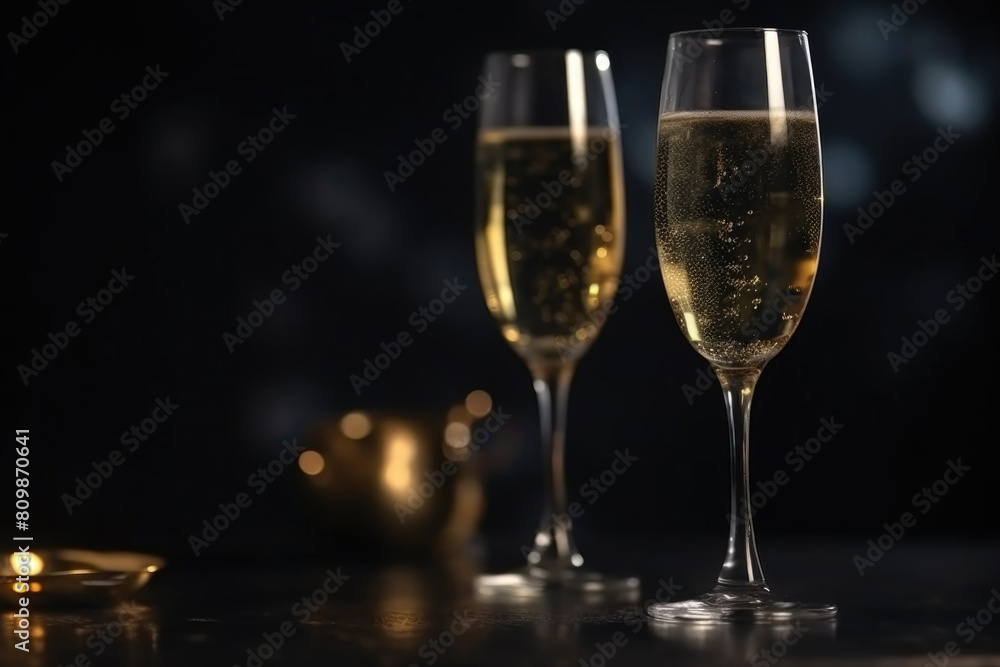 Two champagne glasses placed next to each other, filled with bubbly champagne Two champagne glasses placed next to each other, filled with bubbly champagne