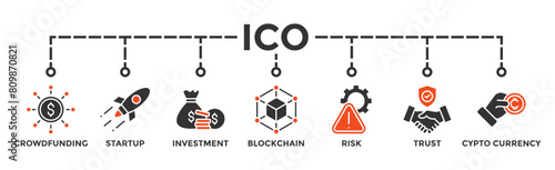 ICO banner web icon vector illustration concept of initial coin offering with icon of crowdfunding, startup, investment, blockchain, risk, trust and cypto currency