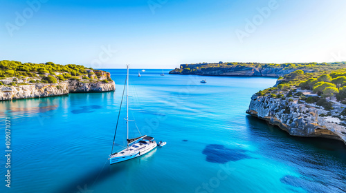 Drone Aerial Photo of a Sailing Yacht in the Transparent Turquoise Waters of an Island photo