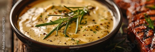 Lose yourself in the velvety smoothness of béarnaise sauce, its rich aroma and creamy texture enticing photo