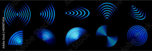 Wifi wave. 3d wifi blue neon light radial waves effect, abstract internet wireless glowing signal sign. Sound scan radar, mobile hotspot technology vector set. Digital technology, signal