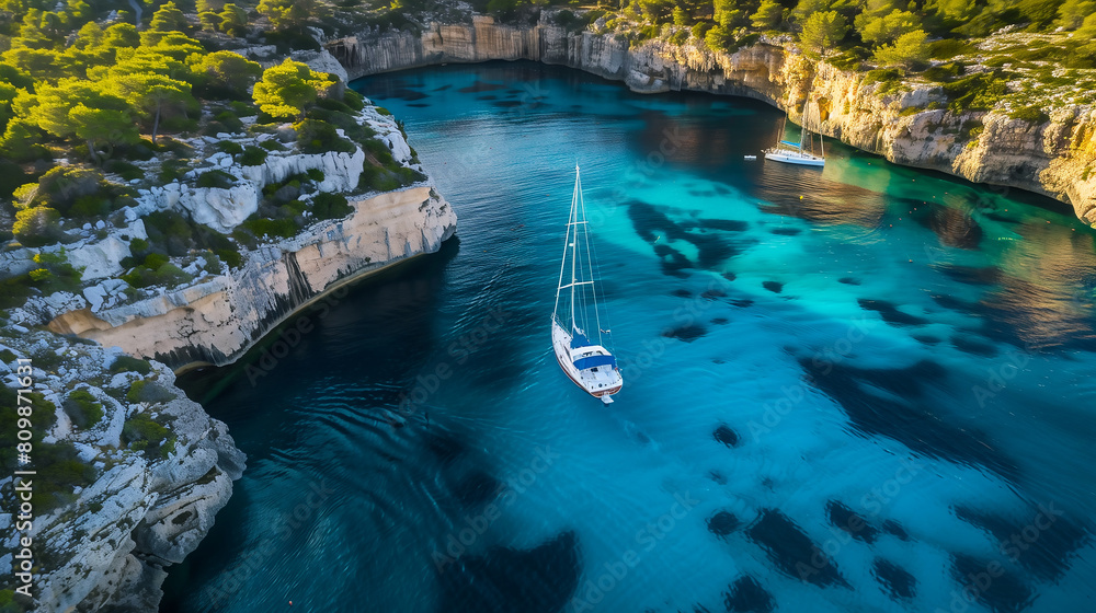 Drone Aerial Photo of a Sailing Yacht in the Transparent Turquoise Waters of an Island Drone Aerial Photo of a Sailing Yacht in the Transparent Turquoise Waters of an Island