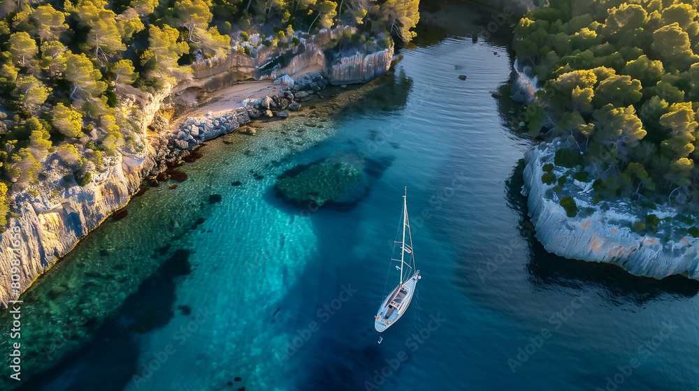 Drone Aerial Photo of a Sailing Yacht in the Transparent Turquoise Waters of an Island Drone Aerial Photo of a Sailing Yacht in the Transparent Turquoise Waters of an Island