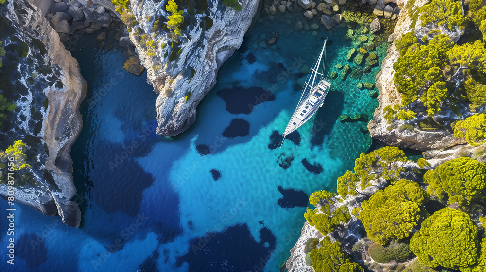 Drone Aerial Photo of a Sailing Yacht in the Transparent Turquoise Waters of an Island Drone Aerial Photo of a Sailing Yacht in the Transparent Turquoise Waters of an Island