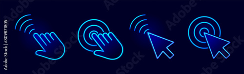 Touch wave. Hand and arrow pointer cursor icons with neon light, movement and display click effect, circle waves. Vector set. Clicking with finger and blue cursor pointer. Online sensor © Frogella.stock